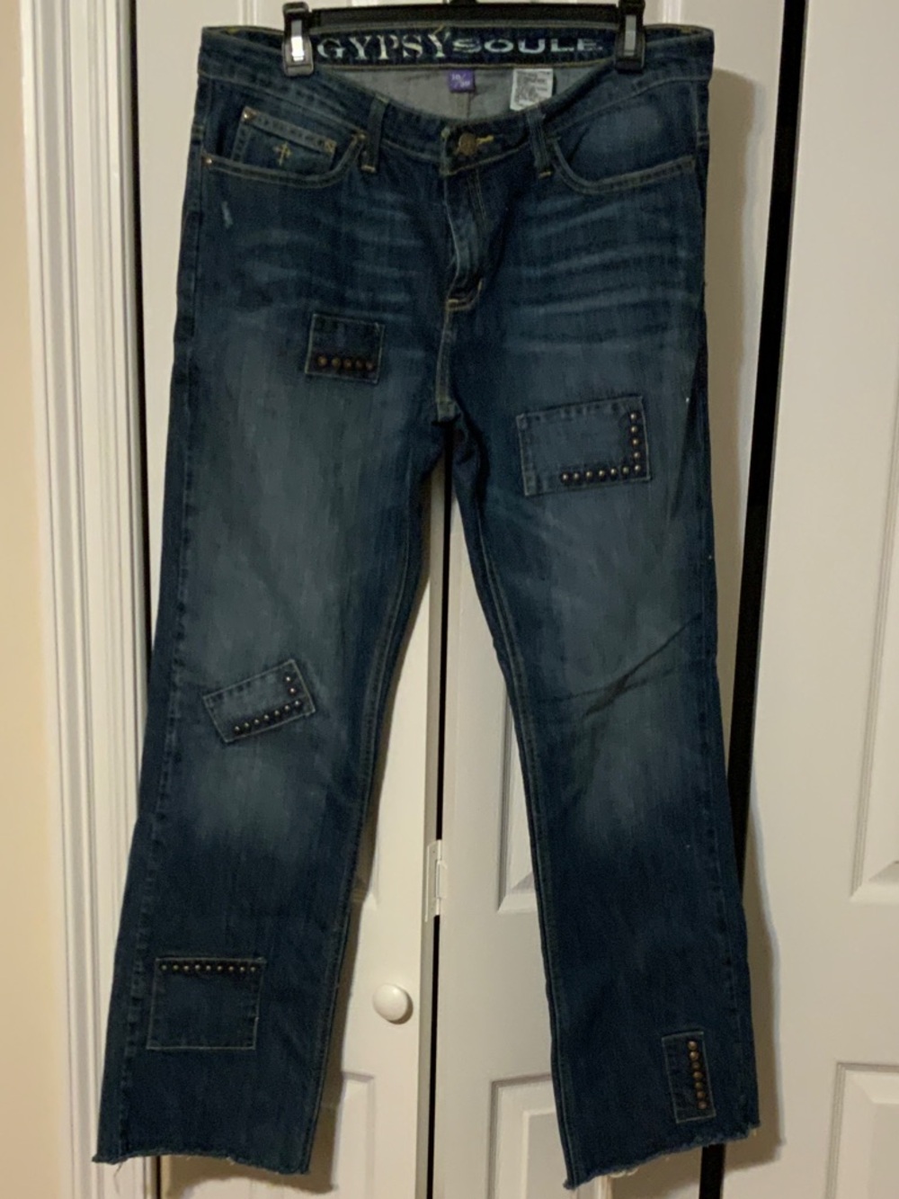 Dark Blue Boyfriend Jeans with Studded Patch Details